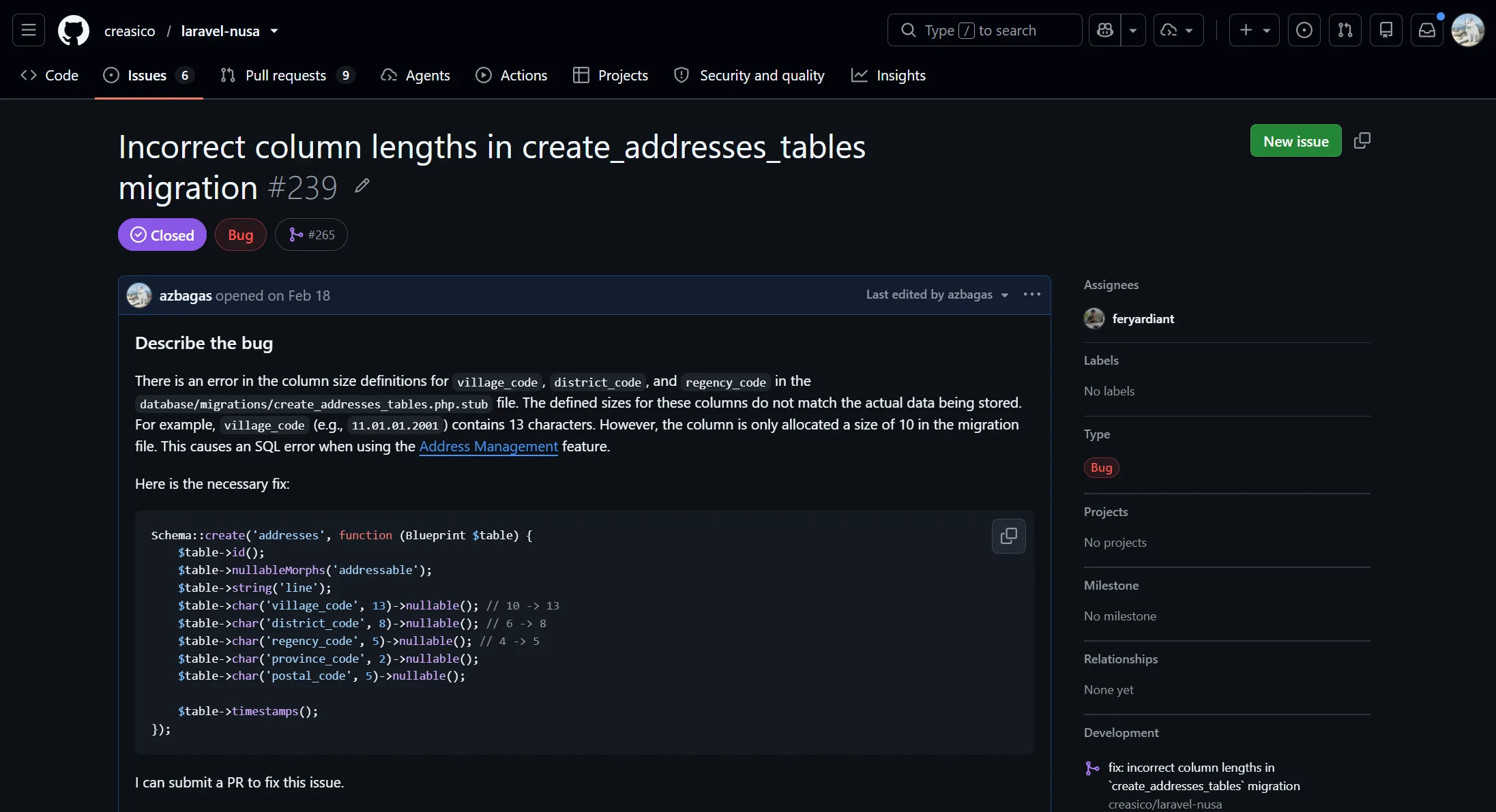 Laravel Nusa Incorrect Column Lengths